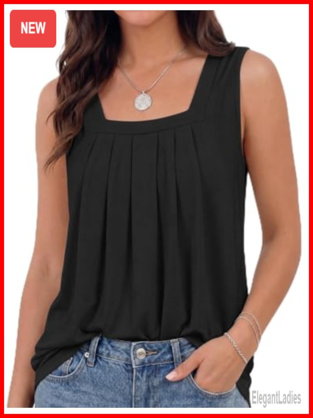 Womens Summer Tank Top Square Neck Pleated Sleeveless Wide Strap Regular Fit